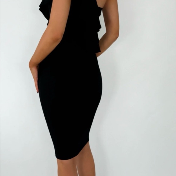 Sofia One Shoulder Exaggerated Ruffle Midi Dress Navy - Picture 2 of 4